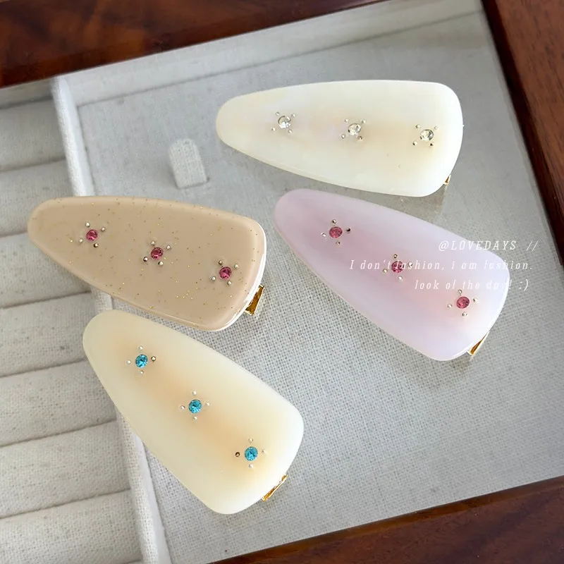 Hair Clip Acetate Iridescent Rhinestone Duckbill Geometric Teardrop French Vintage for Girls Side Bangs Fringe Classic