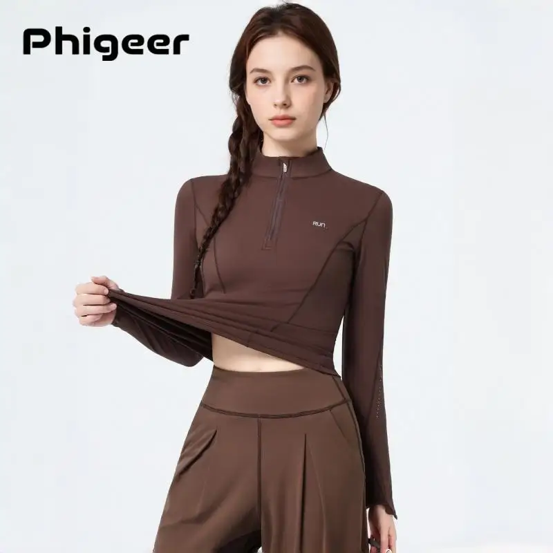 

PHIGEER Women's Half Zip Gym Shirts, Slim Fit Workout Yoga Tops with Thumbholes, Long Sleeve Running Pullover, Tennis Golf Wear