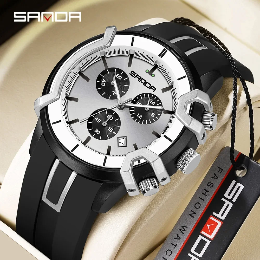 SANDA Brand New 9017 Fashionable Men's Multifunctional Three Eye Six pin Cool Waterproof Calendar Men's Quartz Watch 2025