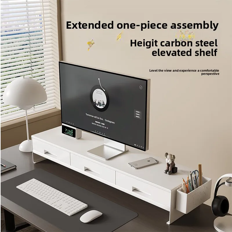 

Sturdy Carbon Steel Monitor Riser Extra Length Desktop Stand Height Adjustable Holder with Drawer Organizer for Office Workspace