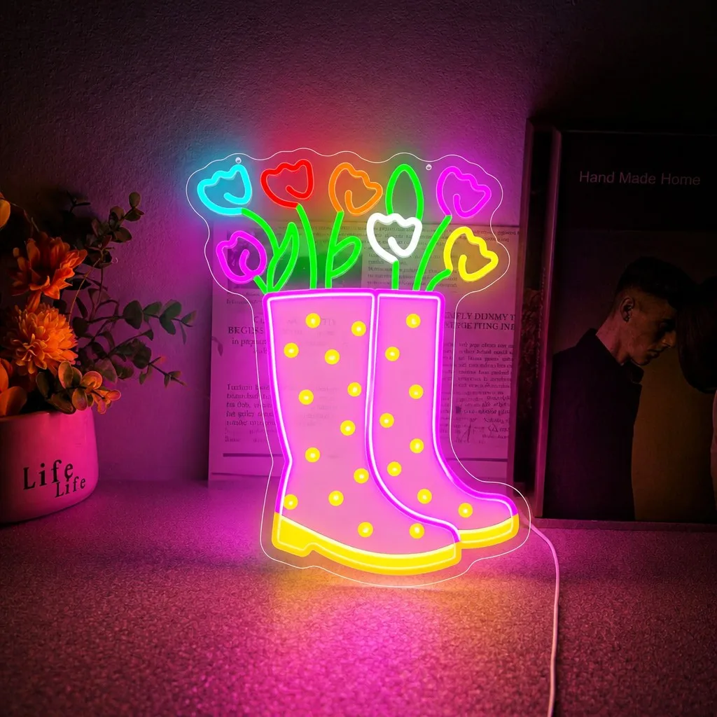 Flower Boots Neon Sign LED Wall Light Dimmable USB for Florist Shop Nursery Bedroom Spring Party Toy Shop Decor Birthday Gift