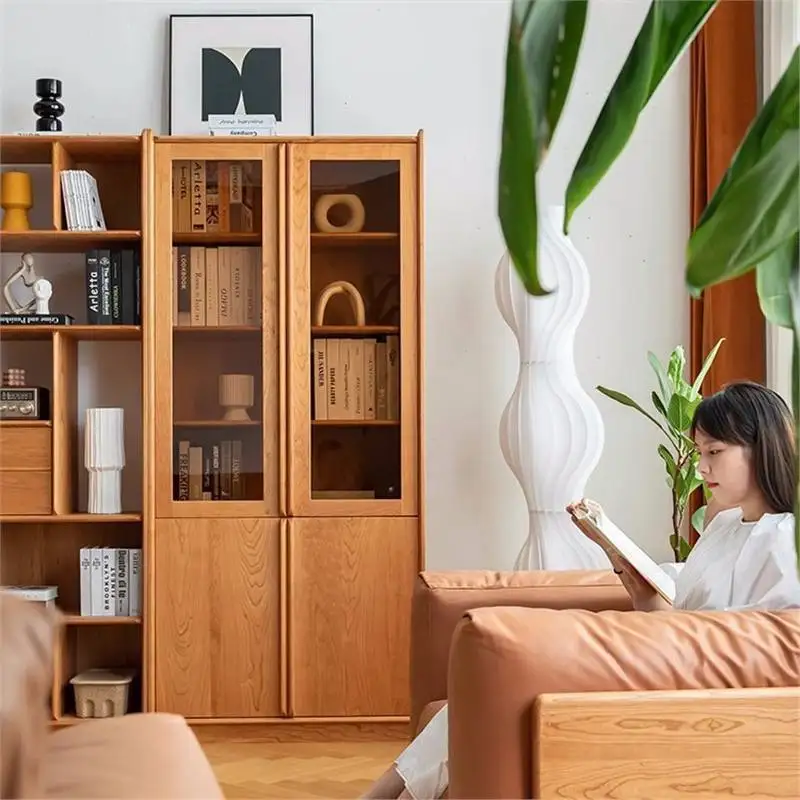 خزانة كتب يابانية من الخشب الصلب بالكامل مصنوعة من خشب الكرز ورف كتب بسيط وأرضية منزلية وباب زجاجي للتخزين