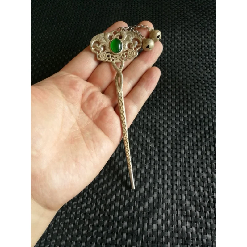 Antique Collection Vintage Old Silver Inlaid Green Chalcedony Agate Lucky Life Hairpin Seedlings Silver Hair Clasp Hairpin Acces