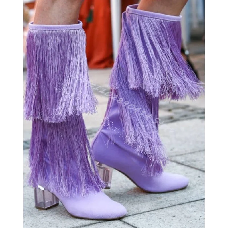 Botas elásticas de camurça com salto feminino, salto oco, dedo apontado, festa, passarela, roxo, 2024