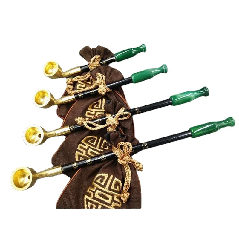 

Chinese Traditional Tobacco Pipe, Brass Bowl & Agate Mouthpiece, Long Stem Dry Smoke Pipe Handmade Vintage with Storage Pouch