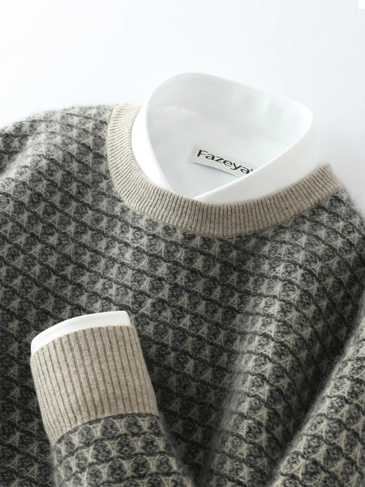 

TLOML Men's 100% Cashmere Sweater O-neck Jacquard Thick Pullover Autumn Winter Comfy Soft Warm Smart Casual Cashmere Knit Tops