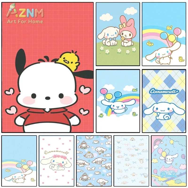 Pochacco Cinnamoroll Sanrio Kawaii Canvas Wall Art Unframed Poster For Girls Room Red Grid Cute Aesthetic Bedroom Dorm Wall Deco