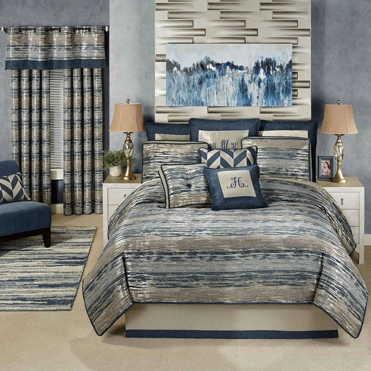 

Modern Abstract Spellbound Metallic Cool Indigo Blue Gray Champagne Gold Queen Comforter Set