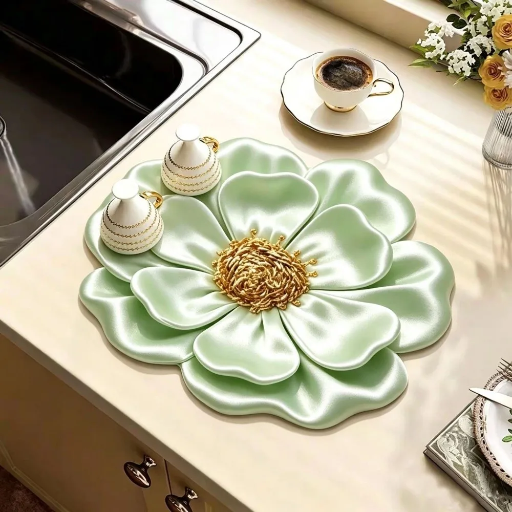 3D Flower Design Kitchen Drying Mat Water Absorbent Satin Like Surface Diatom Mud Mat Quick Dry Non Slip Flower Countertop Mat