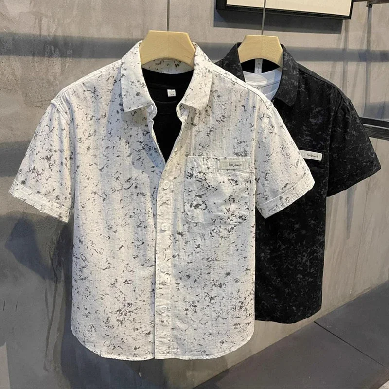 Men's Short Sleeve Button Up Shirt with Abstract Print Casual Turn Down Collar Top Summer Lightweight Breathable Daily Wear