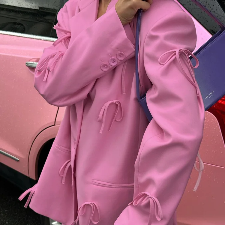 GG Elegant Women Suit Blazer Top Y2K Fashion INS AutumnPink Bow Long Sleeve Single Breasted PocketJacket Coat Streetwear Outwear