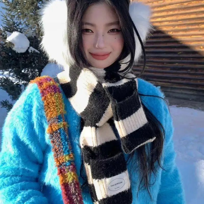 

Y2K Black White Red Stripe Knitted Wool Scarf Women Winter Korean Thick Warm Scarf Harajuku Scarf Shawl Christmas New Year Gift