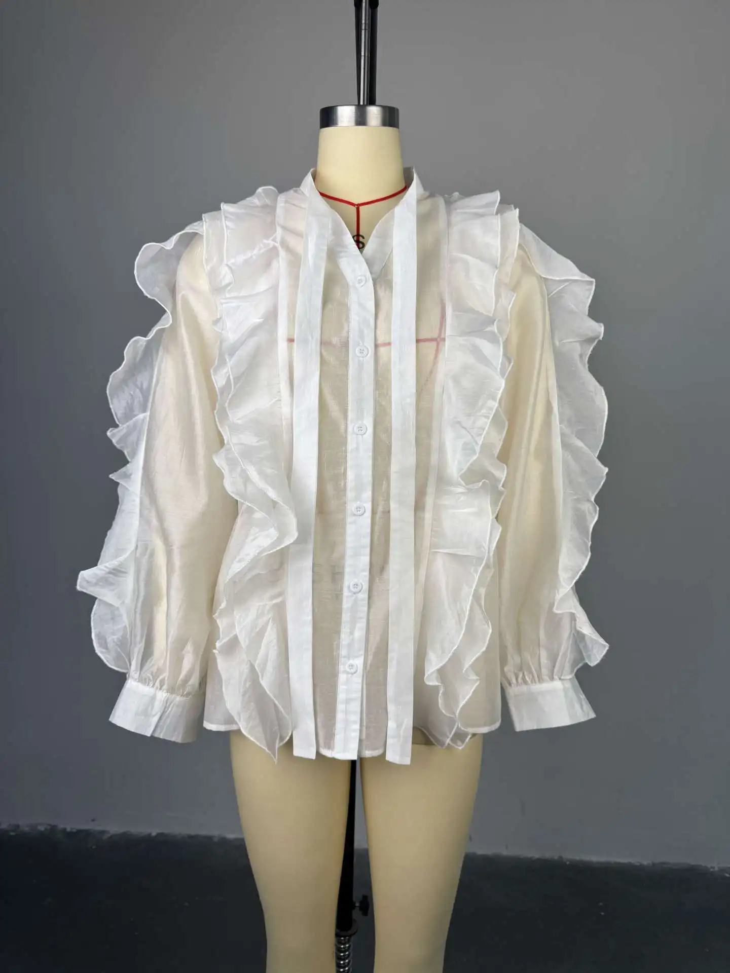 

Women's Clothing 2025 Summer New Style Elegant Standing Collar Lantern Sleeves Long Sleeved Shirt Women's Top