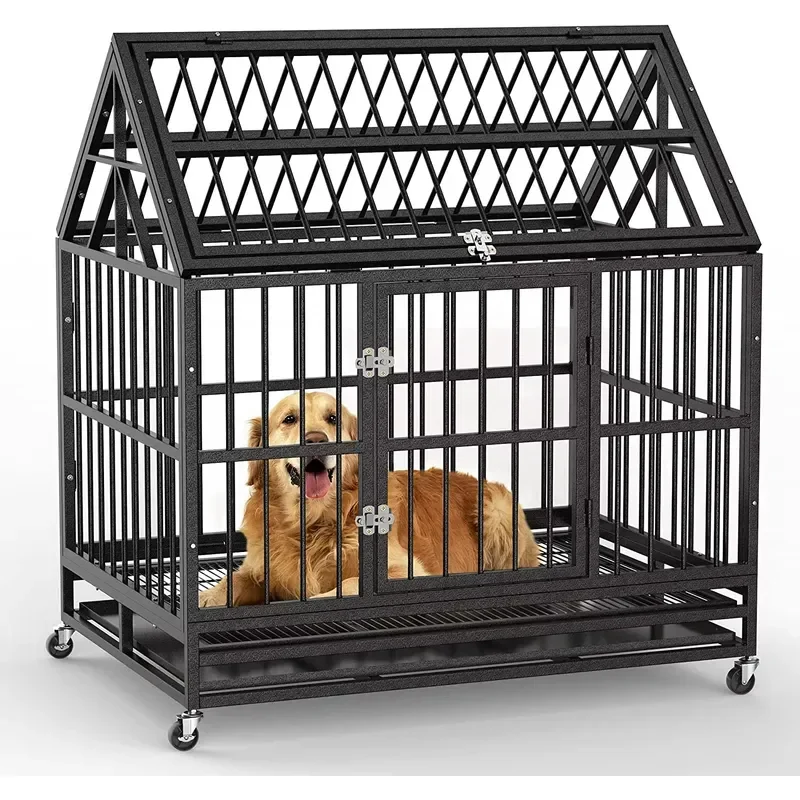 YOELLEN Square Iron Breathable Large Dog Cage with Snap Button Closure for Indoor and Outdoor Use
