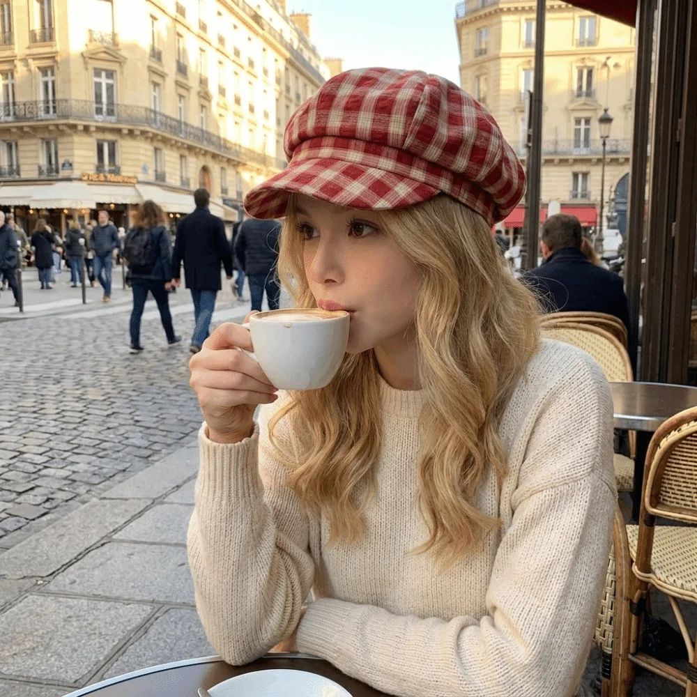 New Soft Plaid Beret Hat Thin Brim Retro Style Painter Artist Cap Vintage Irregular Octagonal Newsboy Peaked Hat Sunshade