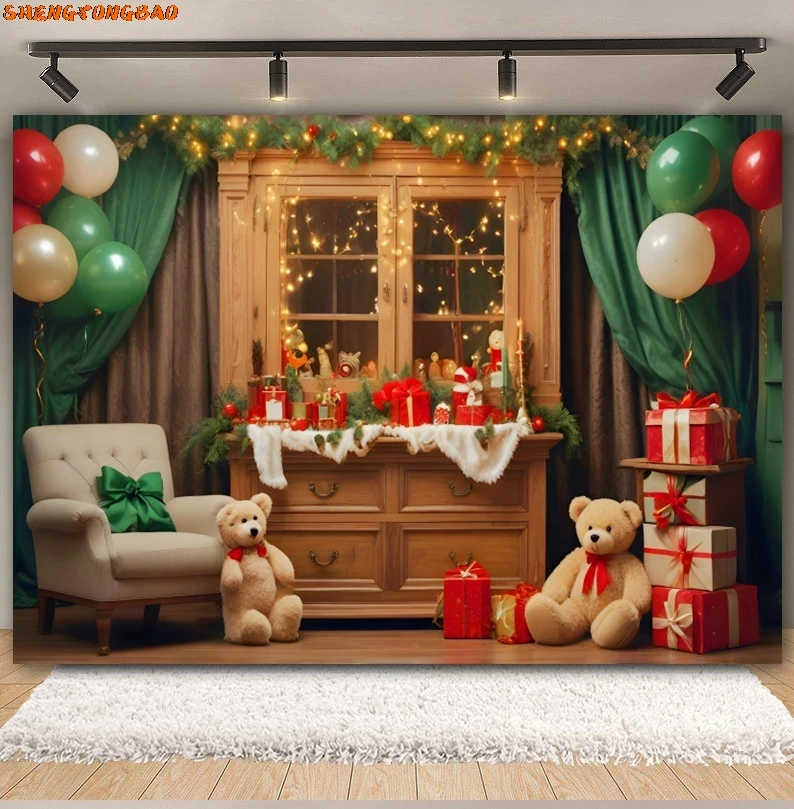 ของเล่นหมีคริสต์มาสการถ่ายภาพฉากหลังต้นคริสต์มาสหน้าต่างของขวัญหมีบอลลูนเด็กภาพครอบครัว Xmas ภาพพื้นหลังตกแต่ง