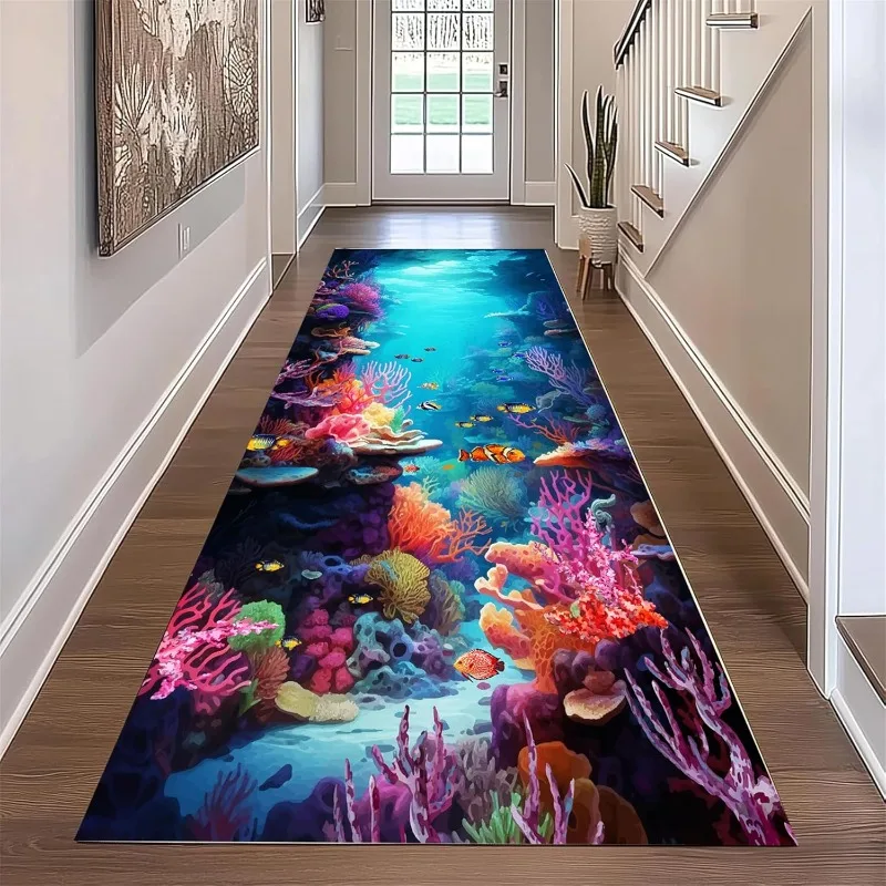 Ocean Theme Runner Rug 3D Vision Coral Reef Fish Starfish Jellyfish Printed Non-Slip Carpet  for Hallway Living Room Floor Decor