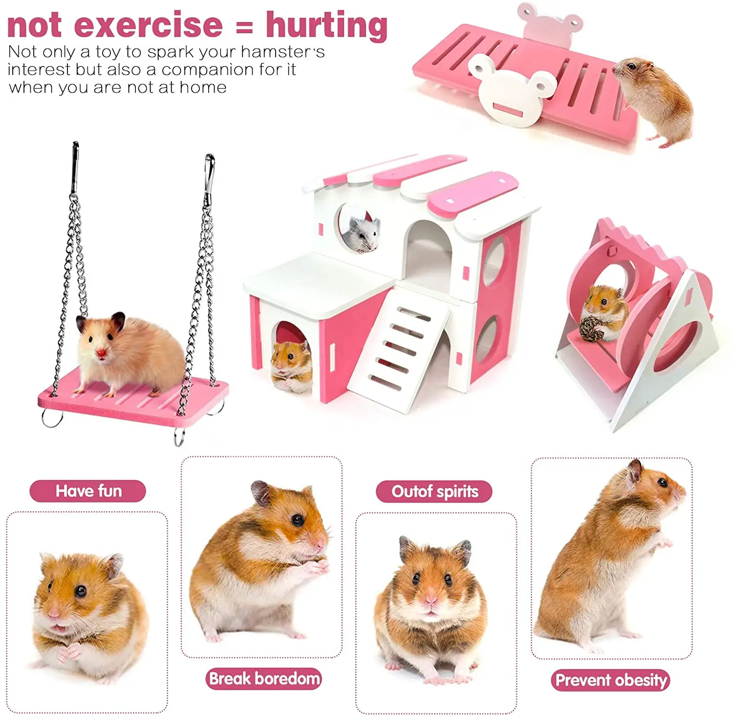 Wooden Hamster Play Toys Set Hamster House Boredom Breaker Activity Toy DIY Hamster Cage Accessories for Small Pets