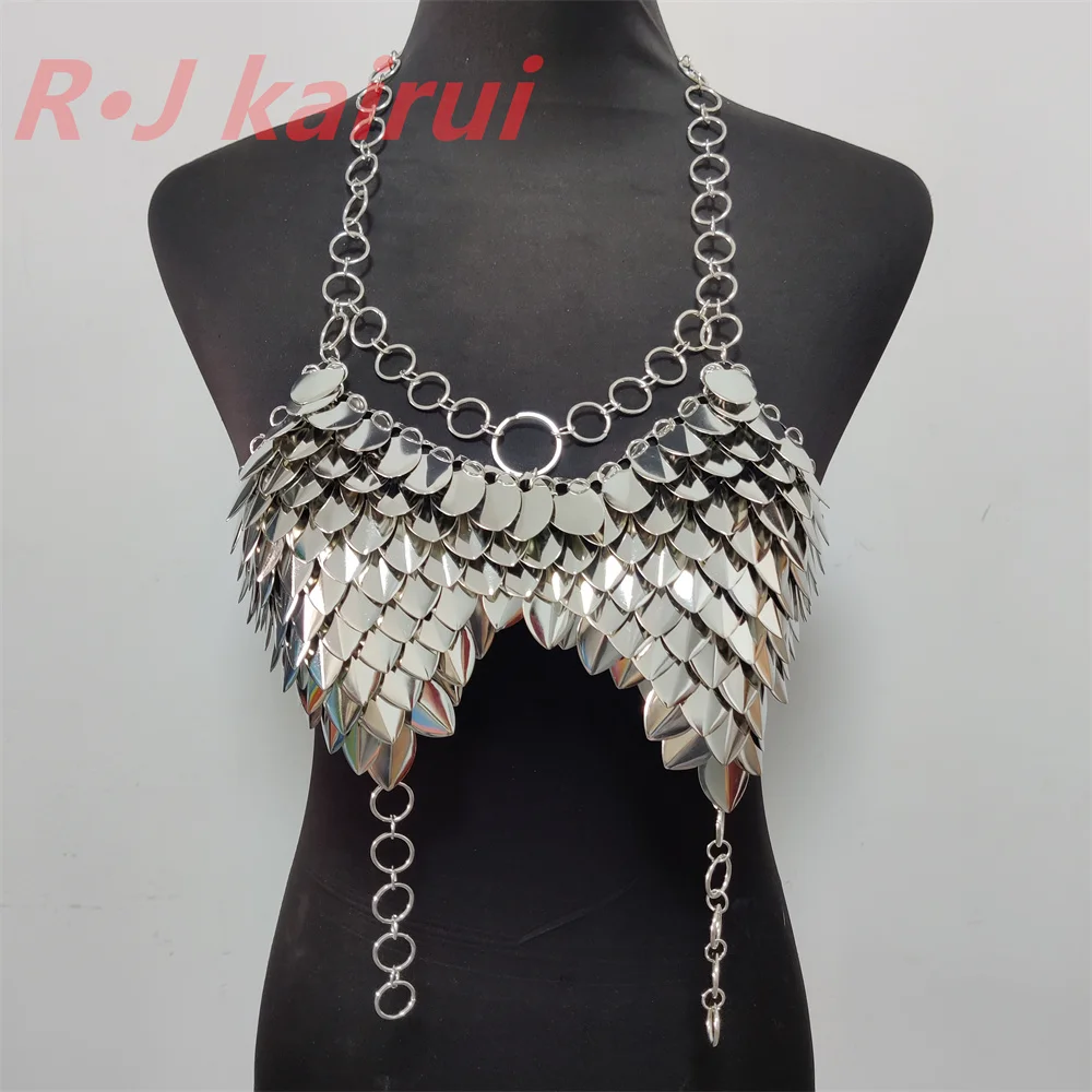 New Fashion Women Mermaid Fish Scales Neck Bra Chains Layers Chainmail Dragon Scale Shoulder Jewelry 3 Colors