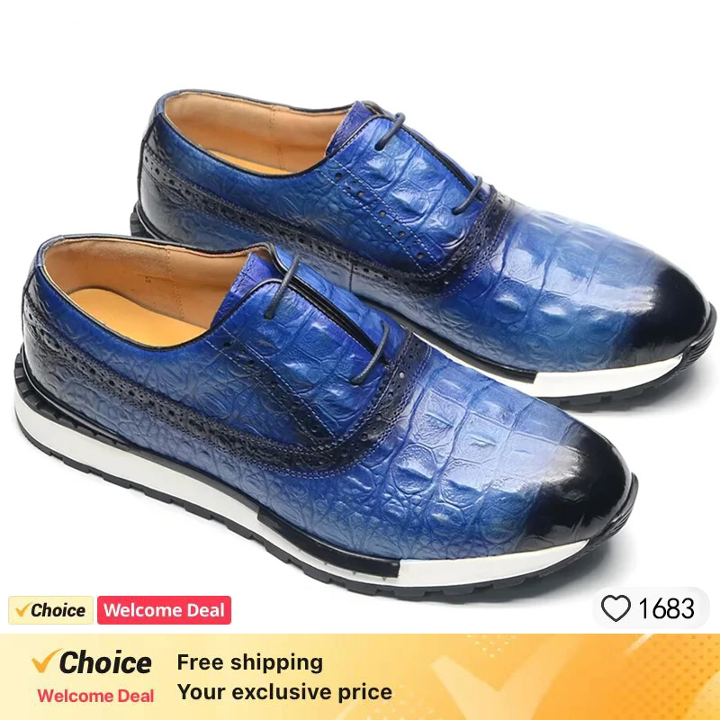 

Luxury men's casual sports shoes, blue leather lace up Oxford shoes, comfortable outdoor jogging, lightweight sports shoes