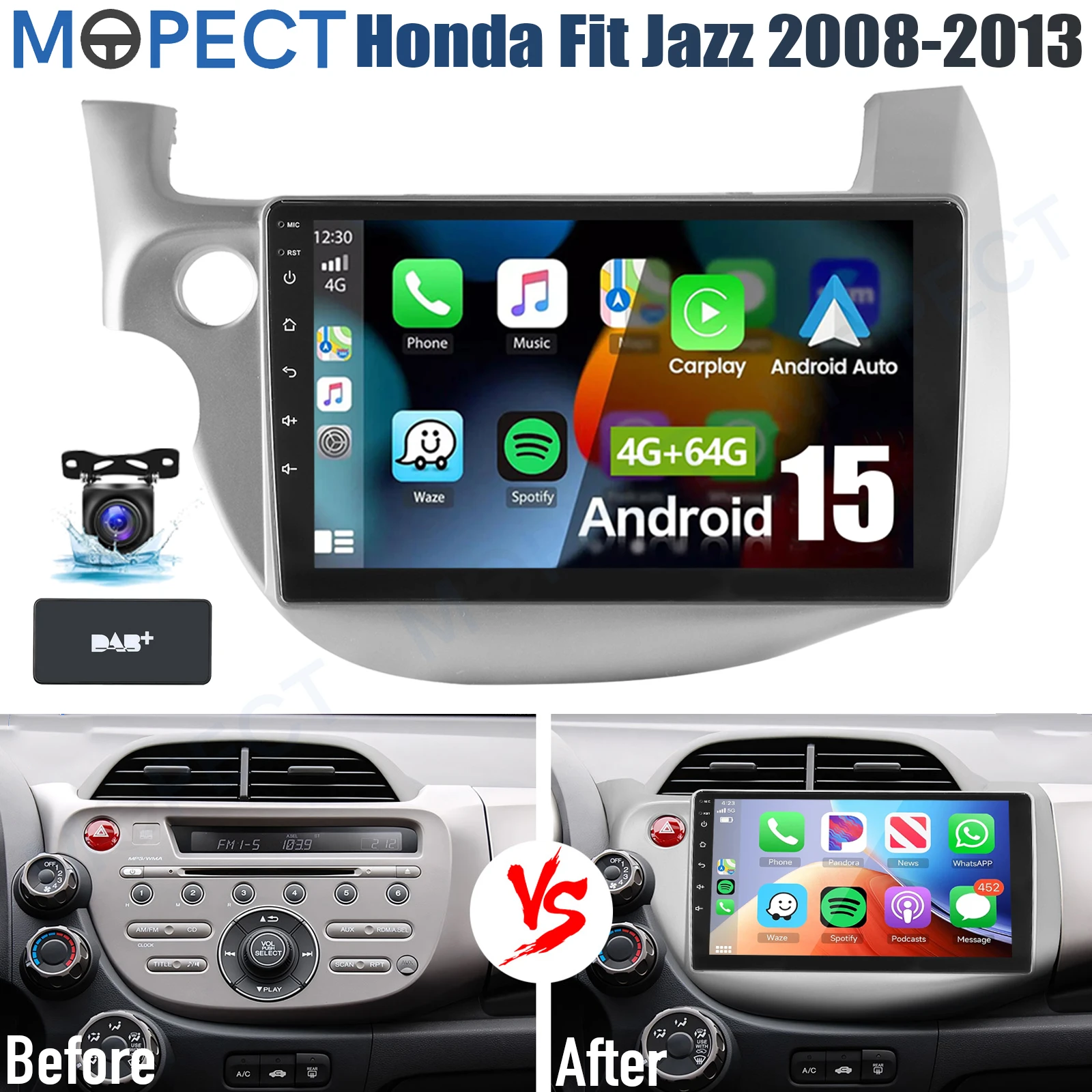 Autoradio MOPECT 10" 4+64GB per Honda Fit Jazz 2008-2013, Android 15, WiFi, CarPlay, GPS, Navigatore, Touch Screen, SWC, BT, FM+DAB&AHD