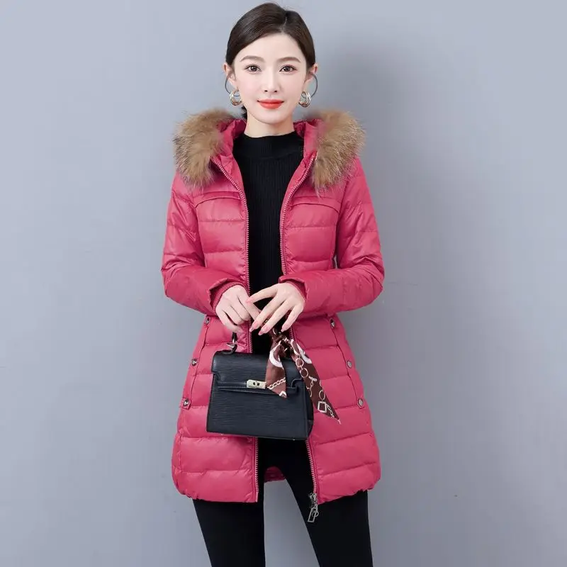 2023 Nieuwe Dames Donsjack Winterjas Dames Mid Length Versie Parkas Slim Fit Dikke Warme Bovenkleding Bontkraag Met Capuchon