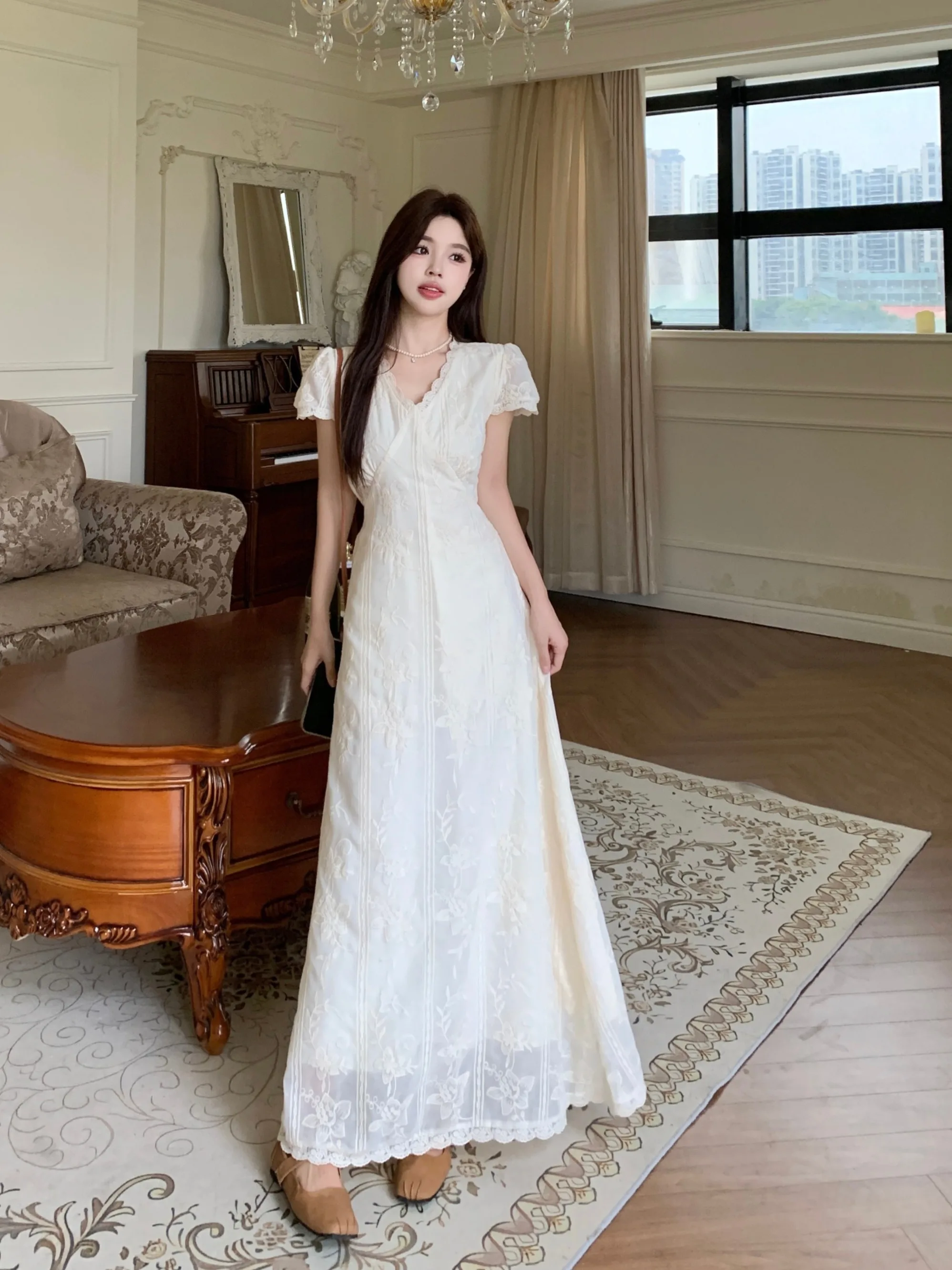 

plus Size Women's Lace V-Ne ort Sve Dr Summer New Sle A-Line Midi Dr High Waist Slimming Commute Sle Bright ...