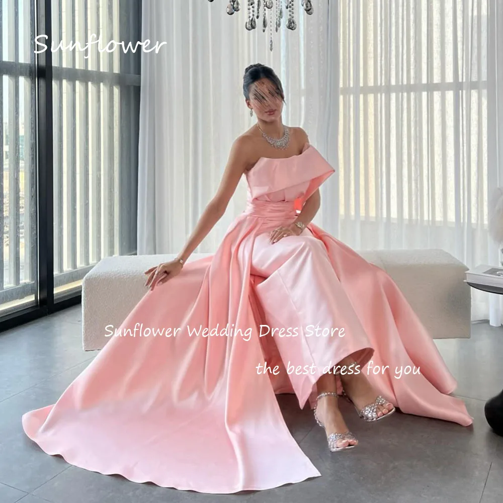 Sunflower Simple Pink Strapless Satin Mermaid Prom dress 2024 Slim Backless Floor-Length Formal Evening Dress