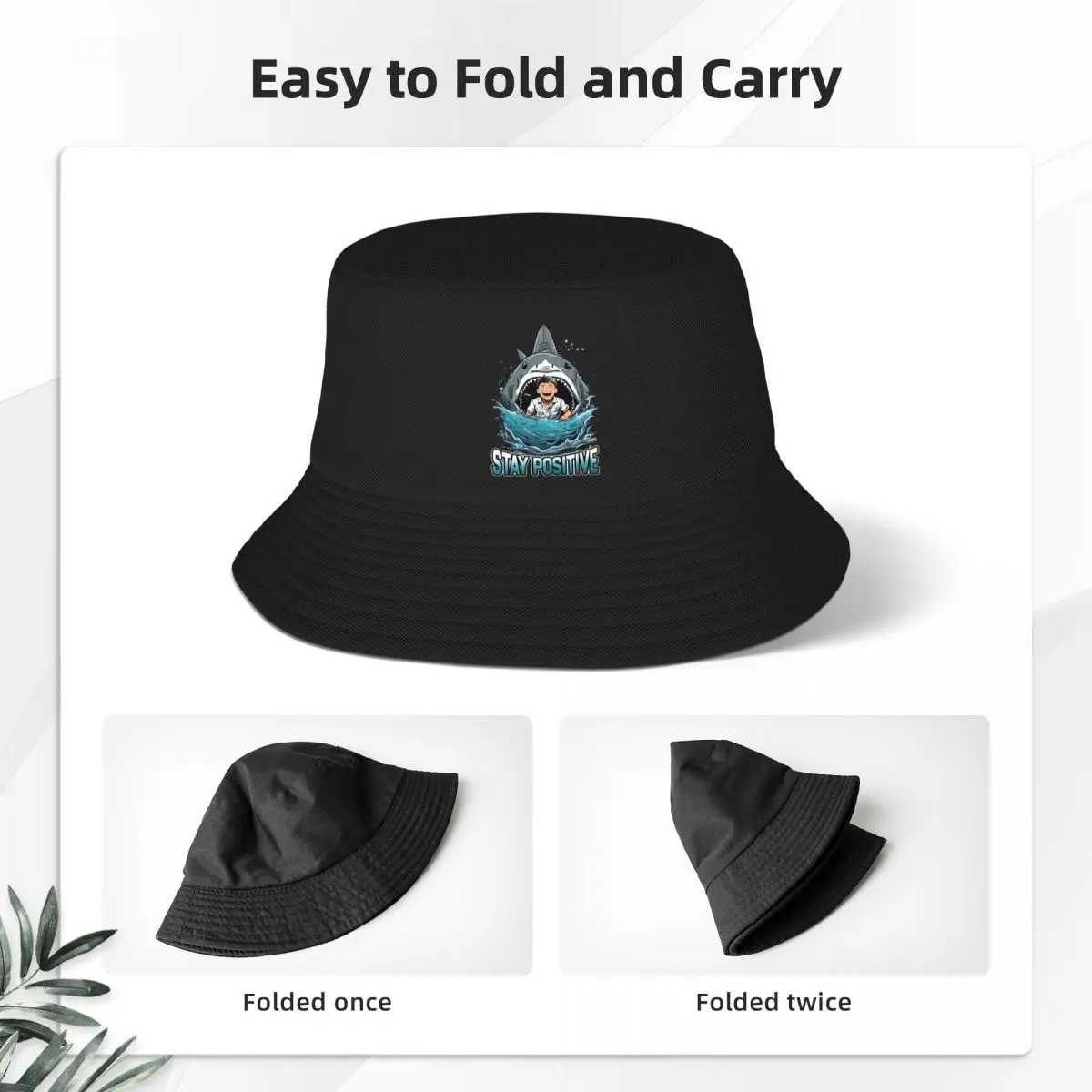 Hip Hop Stay Positive Shark And Boy Bucket Hat For Unisex Packable Cute Funny Bob Hat Vocation Getaway Headwear