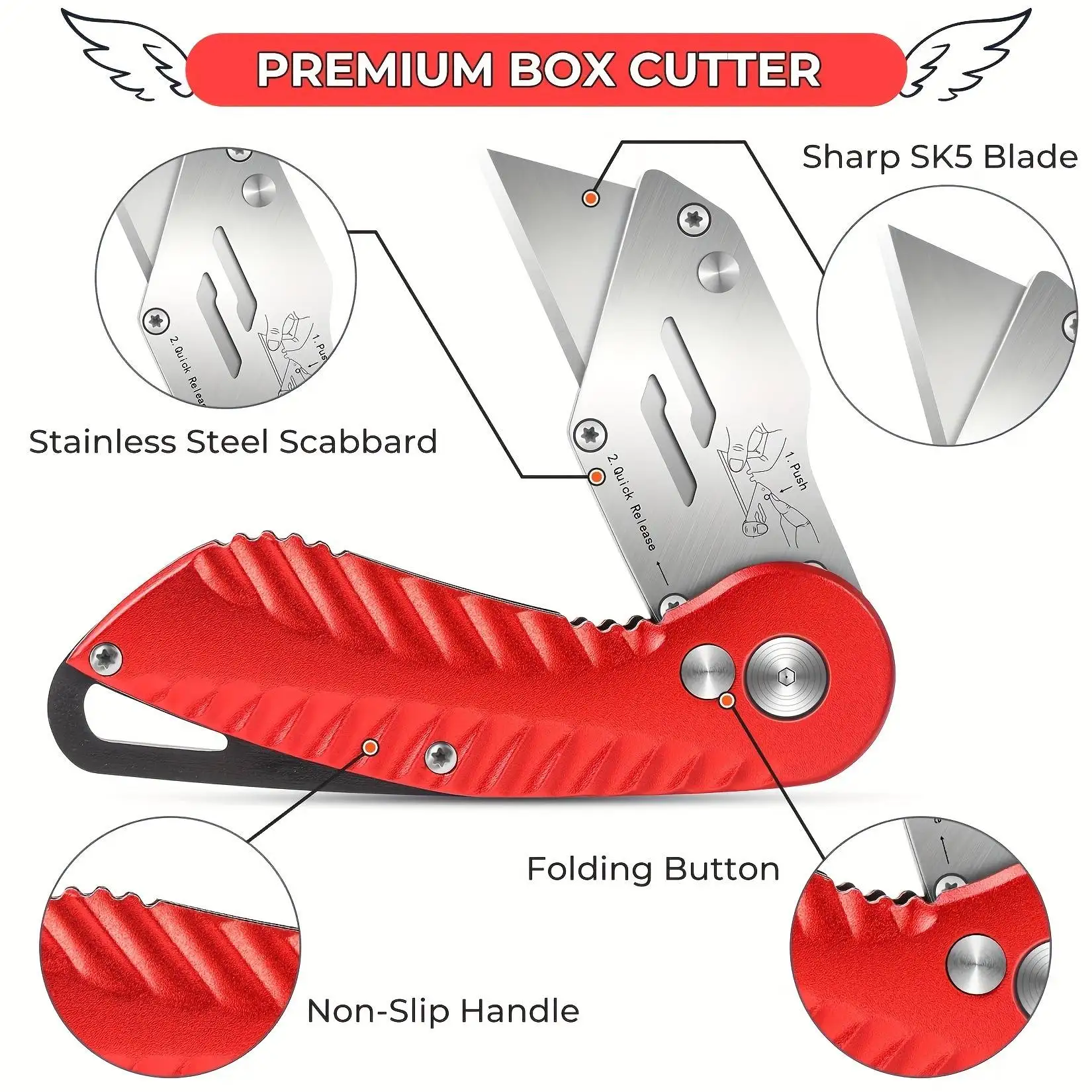 1 Pack Folding Utility Knife with Extra 5 Blades, Sharp Box Cutter Knife, Razor Blades Utility Knife for Home