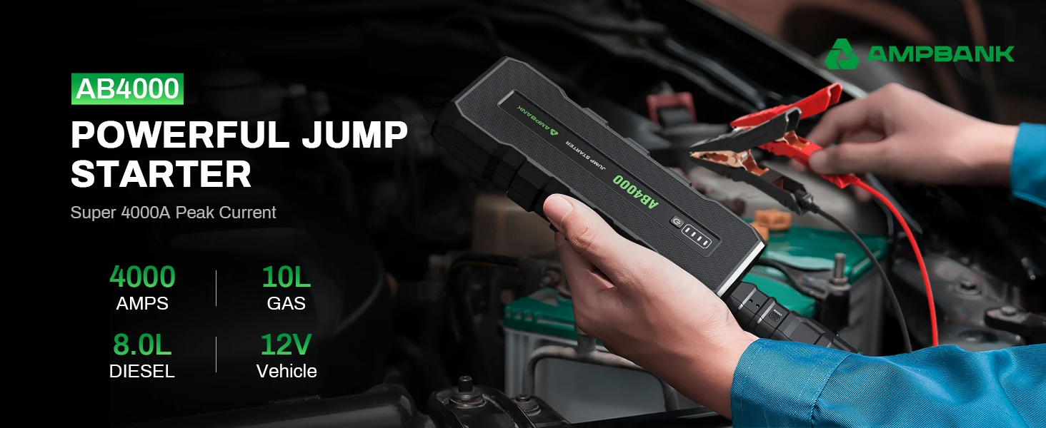 AMPBANK AB4000 Starthilfe für Autos, 16000mAh Booster Powerbank, tragbares 12V 4000A Booster-Pack, bidirektionales Schnellladen, BOOST-Funktion für Autos, SUVs, LKWs und Motorräder – Detail 1