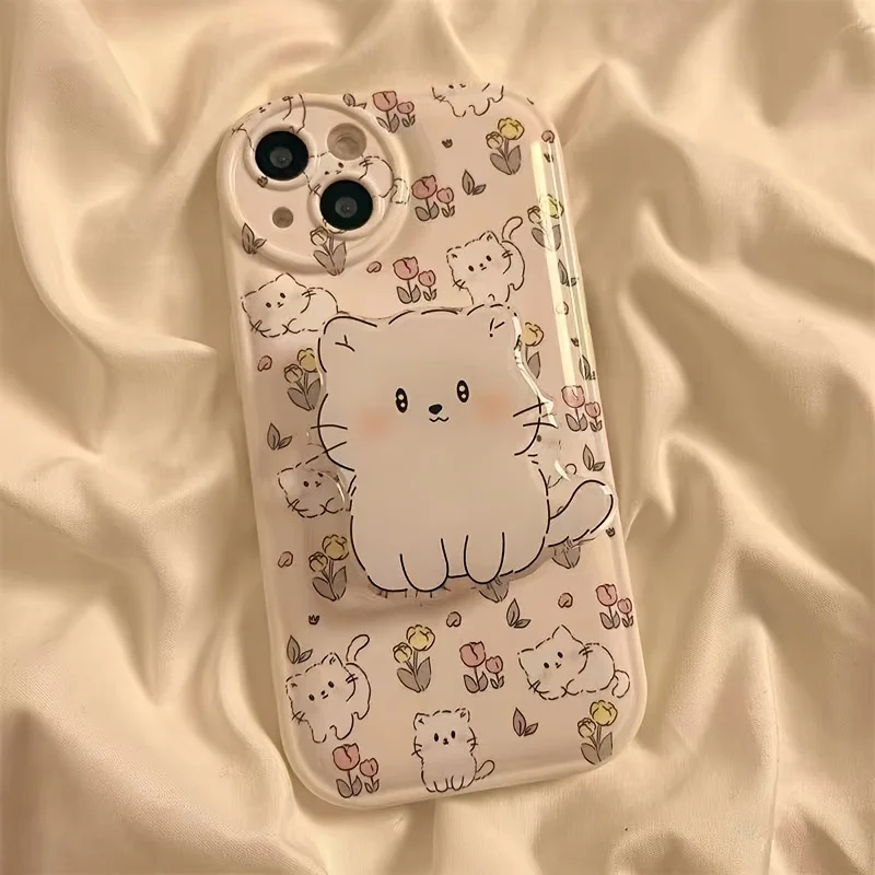 Cute And Cute Flower Cat Phone Case For iPhone 14 Plus 7 8 X XS XR 11 12 13 Pro Max Silicone Case Cover With Holder