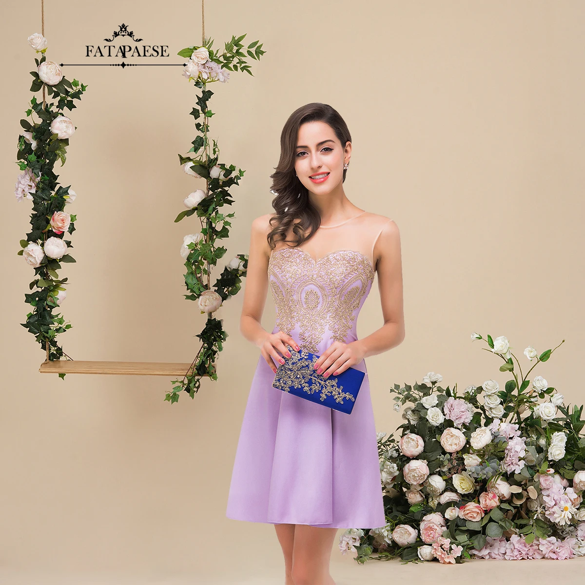 FATAPAESE-vestido de noche con apliques dorados, traje de fiesta Formal, corto, con espalda descubierta