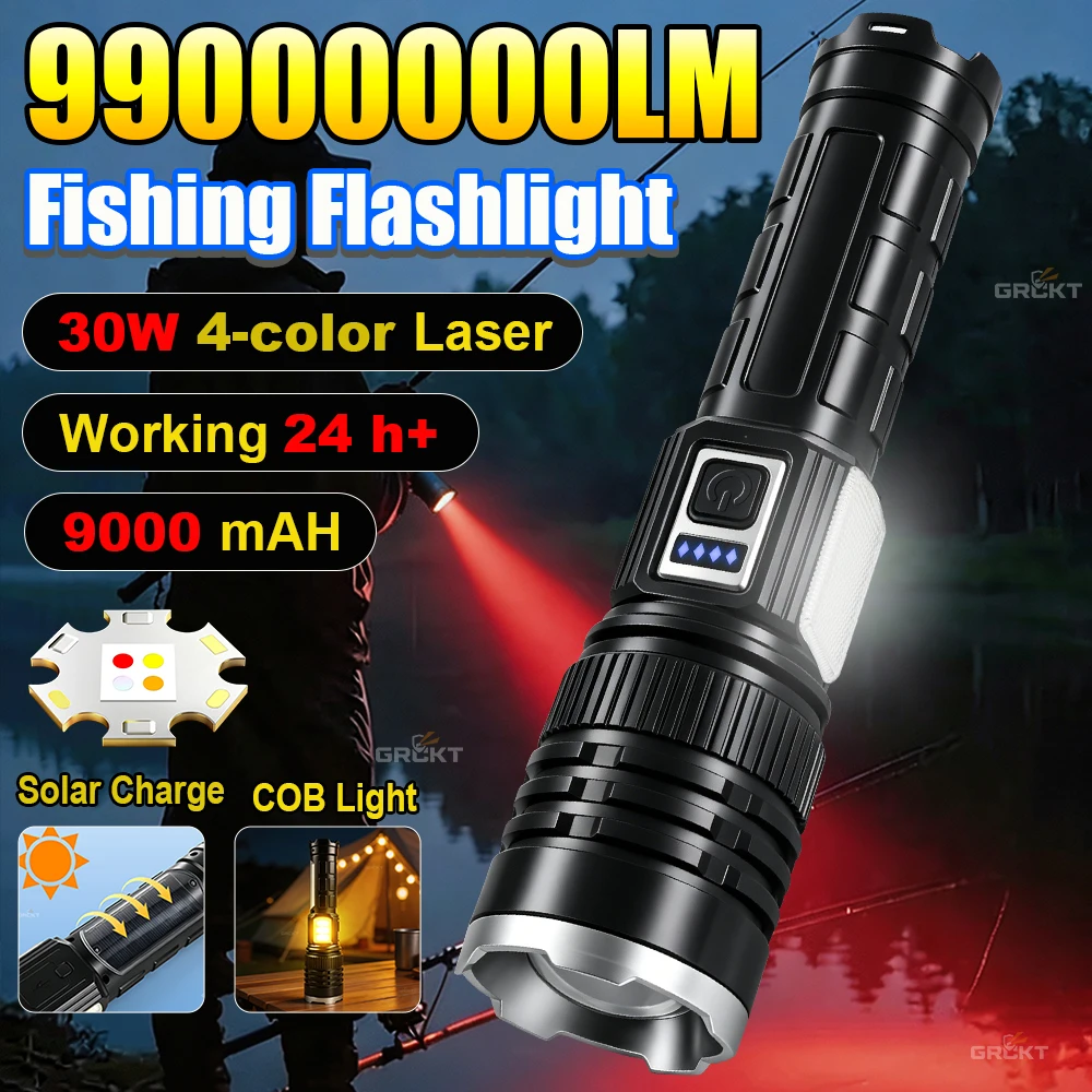 30W Ultra Powerful Flashlight Zoom Long Range Rechargeable Led Flashlight USB Type C 4 Color Lighting Torch Fishing Lantern18650
