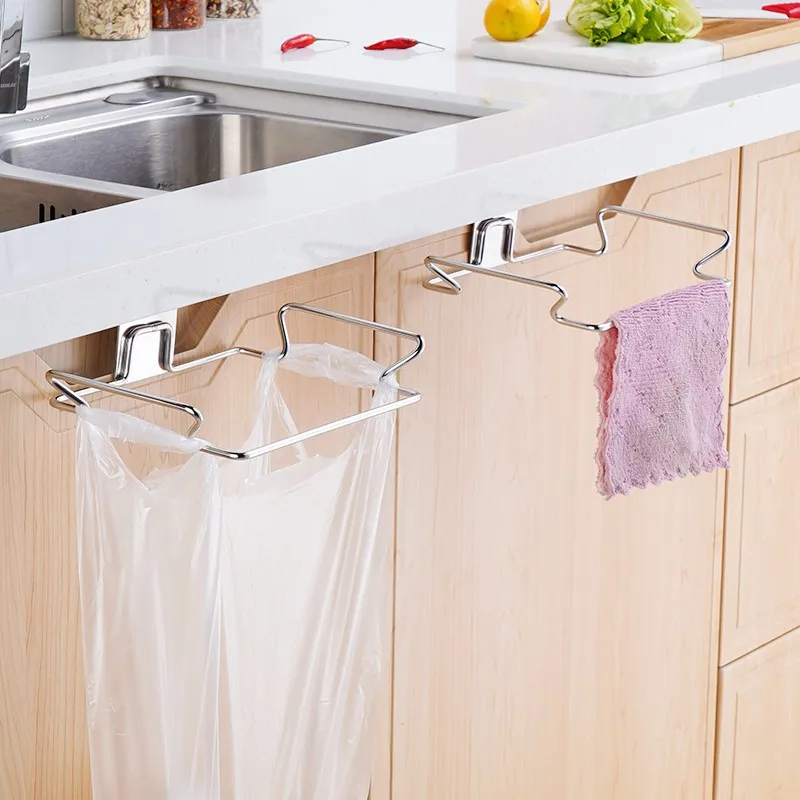 Kitchen Trash Rack Cabinet Door Garbage Bags Holder Stainless Steel Closet Garbage Storage Holder