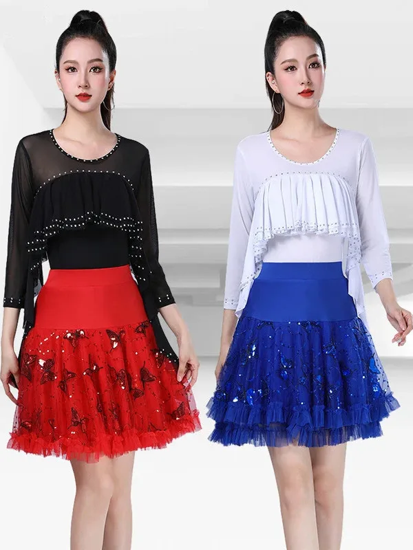 new-women's-dance-costume-round-neck-lace-trim-ultra-fairy-tassel-diamond-slimming-dancing-clothes-latin-square-dance-top