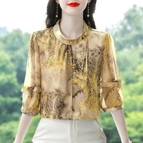 

Новый шифоновый топ в китайском стиле с цветочным принтом и рукавами пять четвертей, женская летняя новая рубашка в национальном стиле для мам, темпераментная рубашка