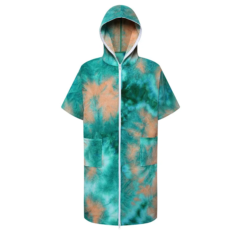 Microfiber Thick Tie-Dye Zipper Bathrobe Adult Absorbent Bathrobe Hooded Cape Swimming Men\'s And Women\'s Diving Warm Cape