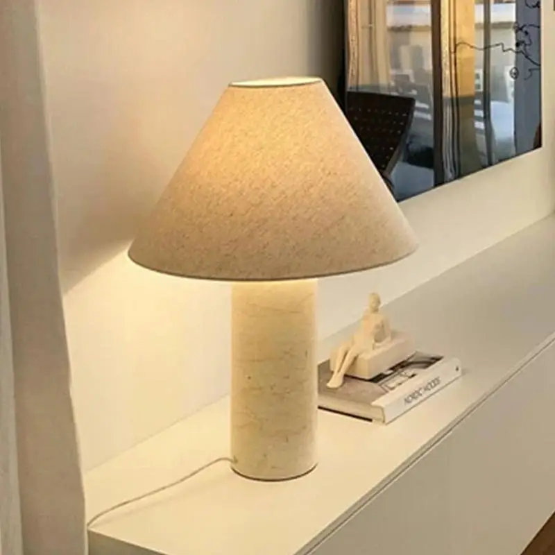 

Spain Luxury Cylindrical Marble LED Desk Lamps Fabric Lampshade Modern Minimalist Living Room Bedroom Study Bedside Table Lights
