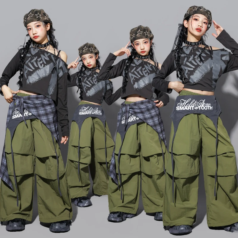 

Детские костюмы для джазовых танцев, укороченный топ с открытыми плечами для девочек, уличная одежда в стиле хип-хоп, детская одежда для современных танцев в стиле джаз, костюм