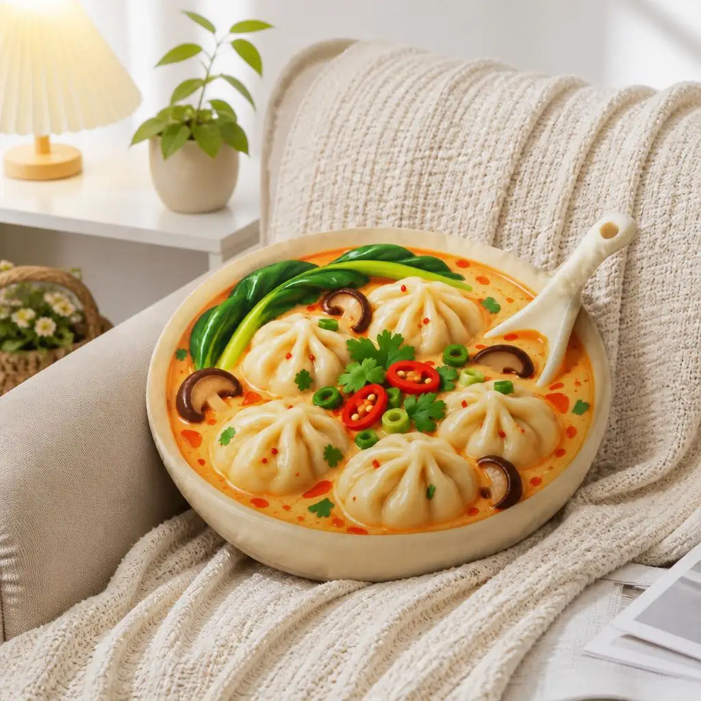 Dumpling Soup Bowl Shaped Stuffed Throw Pillow Asian Food Cushion for Sofa Kitchen Decor Food Lover Gift Chinese Cuisine