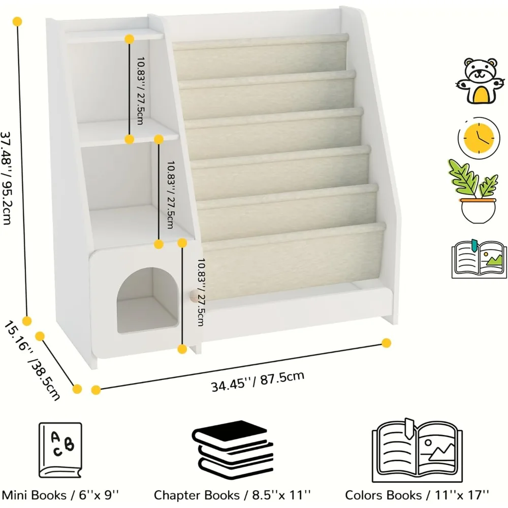 Montessori Kids Bookshelf, 5 Sling Baby Bookcase, 4 Tier Display Shelves, Wooden Book Rack, Toddler Toy Storage Organizer