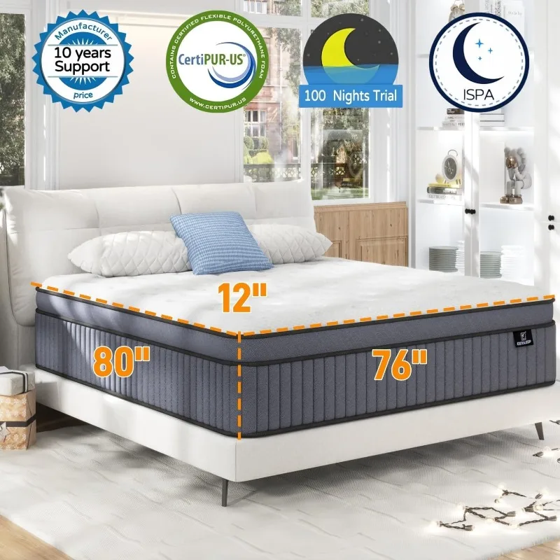 12 Inch Firm Hybrid King Mattress in a Box, With Memory Foam and Independent Pocket Springs,Strong Edge Support,Release Pressure