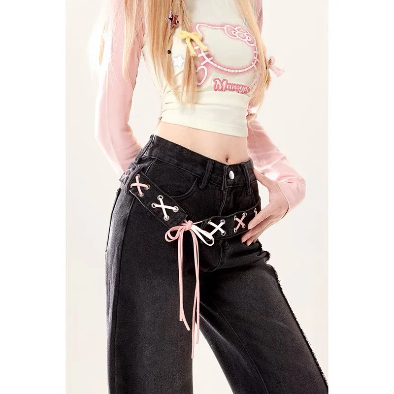 

Винтажные черные готические джинсы Y2k, женские джинсы Harajuku 2025, японские джинсовые брюки 2000-х годов, винтажные брюки-карго 90-х годов, мусорные брюки