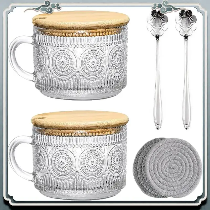 Durable Vintage Coffee Glass Mugs Set Of 2, Glass Coffee Tea Cups With Bamboo Lids, Coaster And Spoons,15Oz Clear Embossed Durab