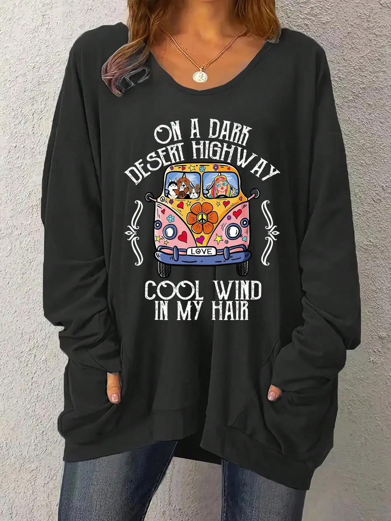 2026 Damen Neues T-Shirt mit Buchstaben- und Tierdruck, Übergröße, Lässig, Langarm, Rundhals, Leicht Elastisch, Pullover – Detail 7