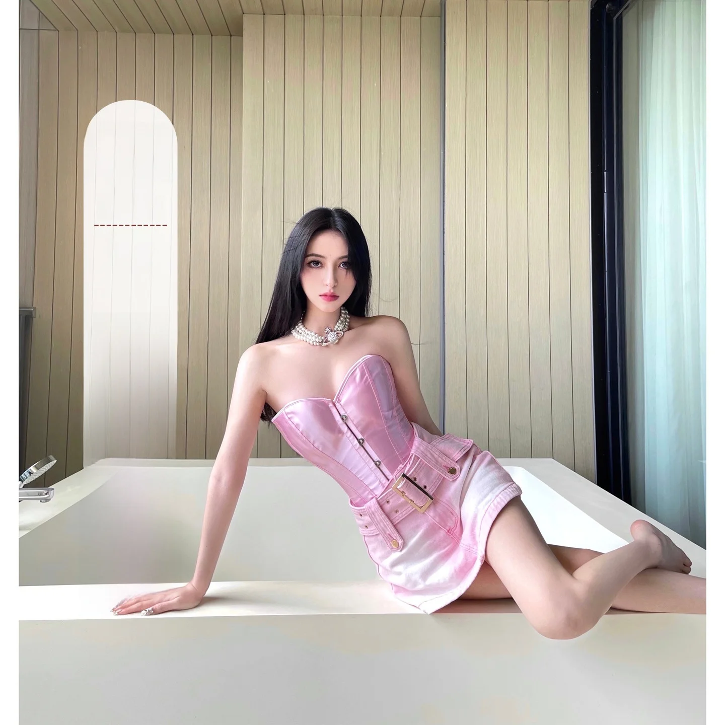 

Fay Spicy Girl Denim Skirt Set Women's Pink Strapless Top Or Denim Skirt Inner Wear Two-Piece Set Chic Fashion Ensemble
