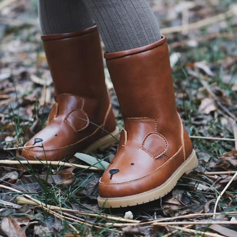 Animais dos desenhos animados crianças botas de neve couro genuíno coelho crianças sapatos de inverno quente de pelúcia meninas bonito tênis botas casuais do menino