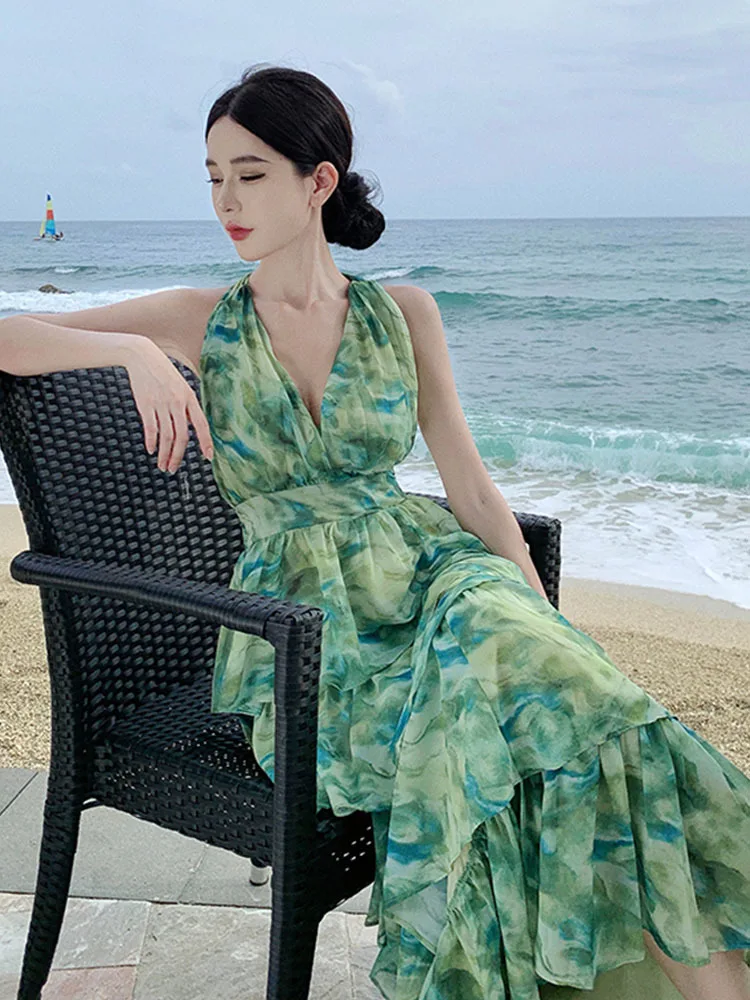 Women Summer Fashion Floral Green Printing Halter Bow Tie Neckline Backless Layered Long Casual Dresses Holiday