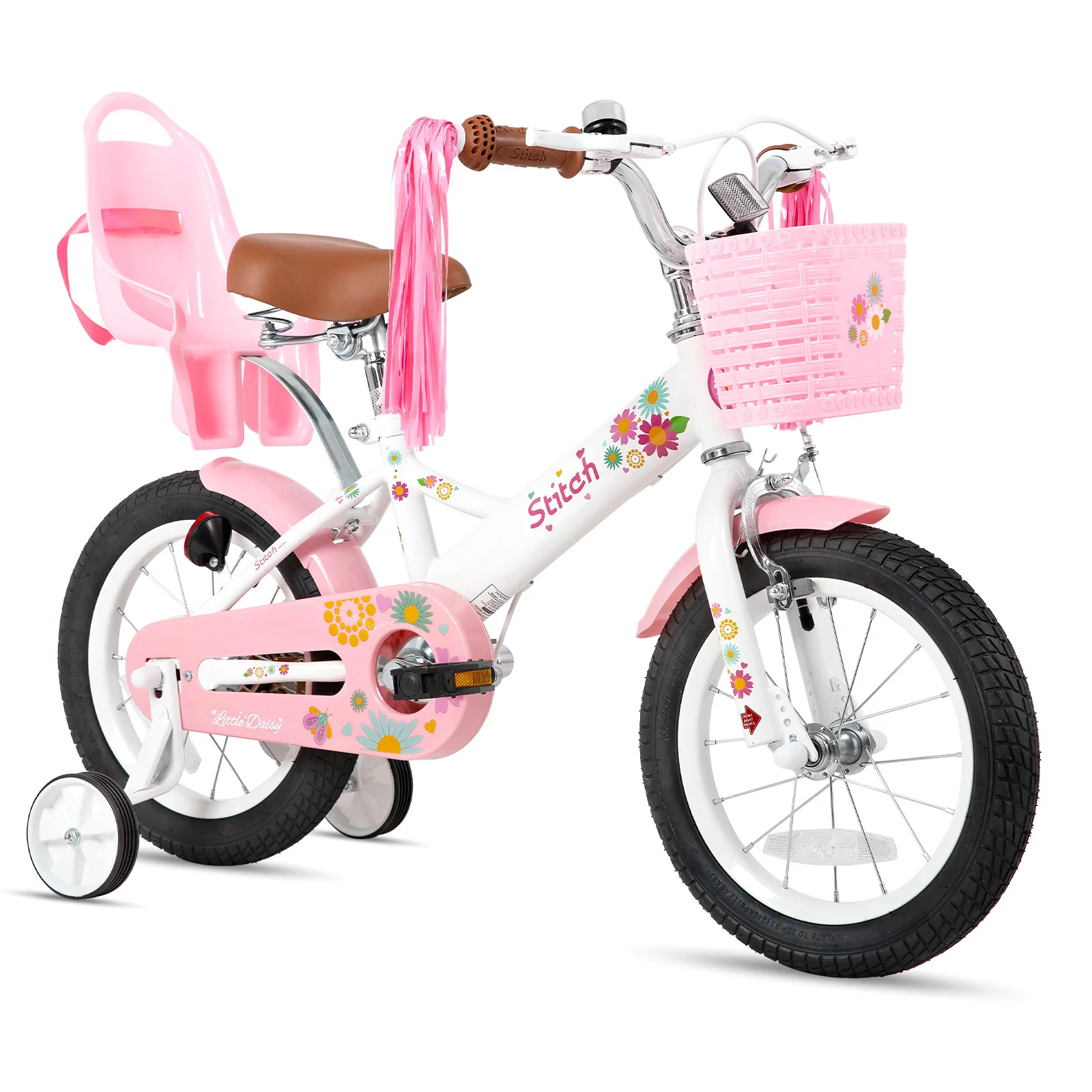 

STITCH 12/14/16 Zoll Kinderfahrrad für 2-7 Jahre Kinderfahrrad, Fahrrad für Mädchen mit Stützrädern mit Korb & Luftschlangen